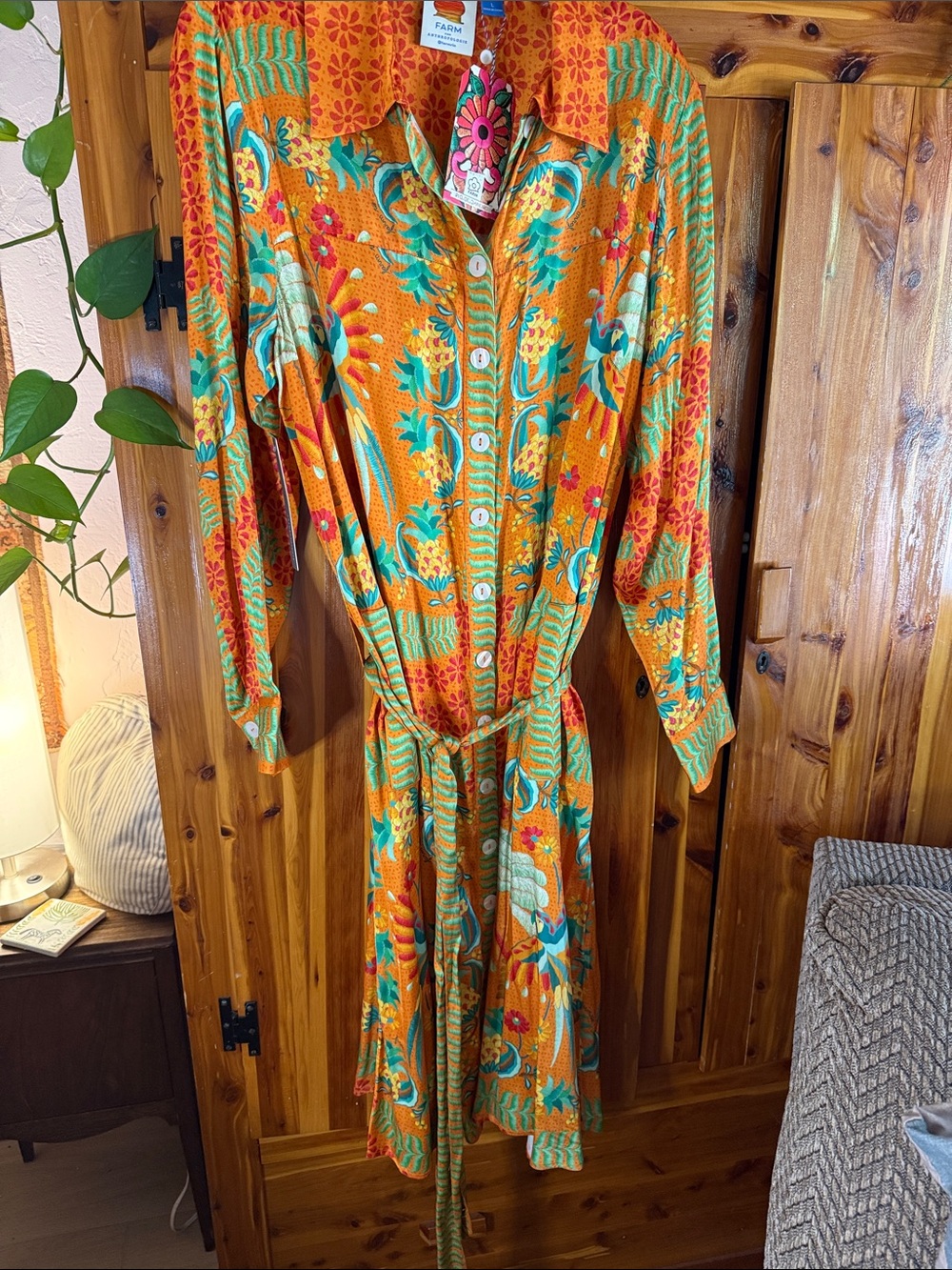 FARM Rio Orange Floral Button-Front Midi Dress with Teal Accents